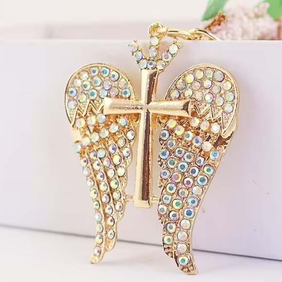 Rhinestone clear Wing cross bag charm keychain - Picture 1 of 3